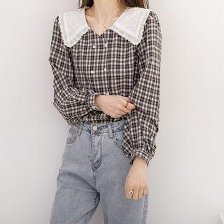 Double Breasted Plaid Blouse Plaid - Black & Coffee - One Size