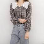 Double Breasted Plaid Blouse Plaid - Black & Coffee - One Size