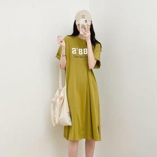 Round-neck Printed Letter Oversize Split Dress