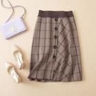 Plaid Buttoned Midi Knit Skirt