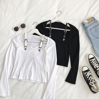 Belted Cutout Long-sleeve Cropped Top