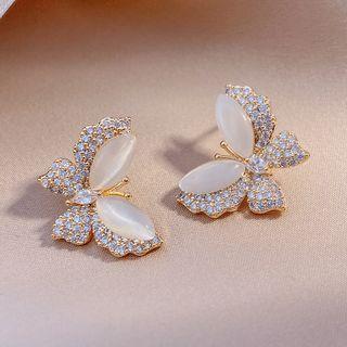 Butterfly Rhinestone Cat Eye Stone Earring 1 Pair - Butterfly - Cat Eye Stone - White - One Size
