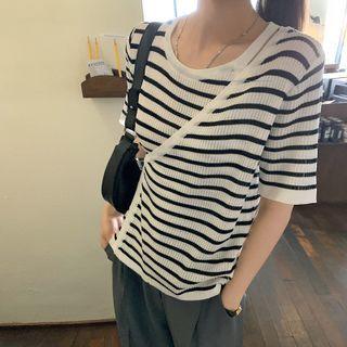 Mock Two Piece Short-sleeve Cutout Striped Top Stripes - Black & White - One Size