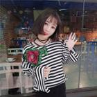 Sequined Flower Striped Long-sleeve T-shirt