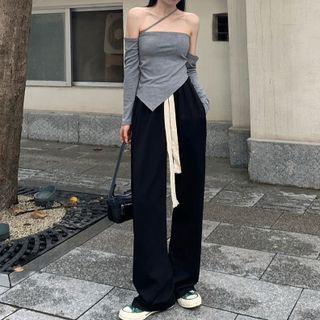 Long-sleeve Off-shoulder Irregular Crop Top / Drawstring Wide Leg Pants