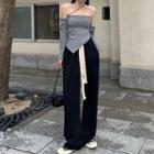 Long-sleeve Off-shoulder Irregular Crop Top / Drawstring Wide Leg Pants
