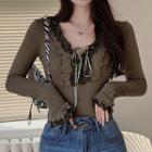 Long-sleeve Lace Trim Top Army Green - One Size