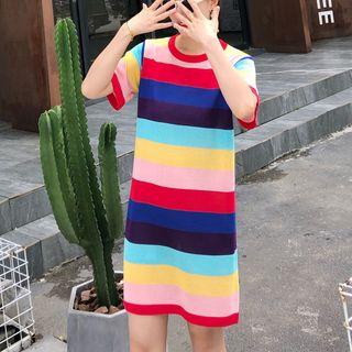 Elbow-sleeve Striped Mini Knit Dress