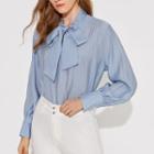 Long-sleeve Tie Neck Blouse Blue - One Size