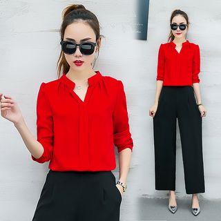 Set: V-neck Long-sleeve Chiffon Blouse + Wide Leg Pants