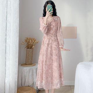 Long-sleeve V-neck Leaf Print Velvet Dress