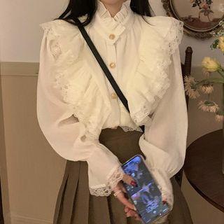 Flared-cuff Lace Trim Ruffled Blouse Almond - One Size