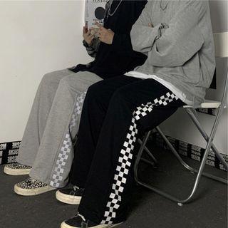 Drawstring Plaid Panel Straight Cut Pants