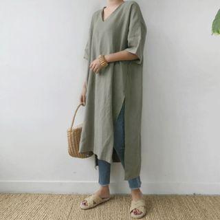 V-neck Slit-side Long Dress