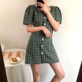 Plaid Buttoned Short-sleeve Mini A-line Dress