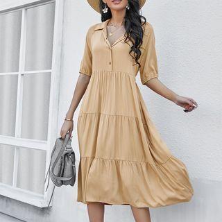 Elbow Sleeve V-neck Plain Midi Dress