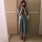Short Sleeve Pleated Dress Grayish Blue - One Size
