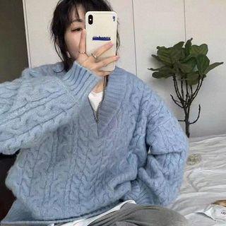V-neck Long-sleeve Plain Cable Knit Sweater