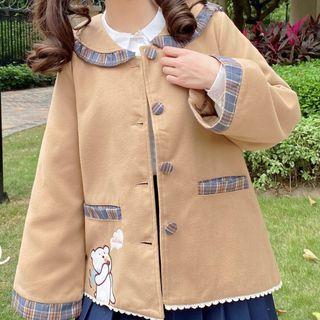Bear Embroidered Plaid Panel Button-up Jacket