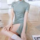Short-sleeve Lace Trim Plaid Qipao