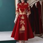 Traditional Chinese Elbow-sleeve Frog Buttoned A-line Midi Wedding Dress