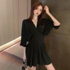 Long-sleeve V-neck Loose Fit Pleated Dress