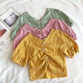 Plain Frilled V-neck Short-sleeve Blouse