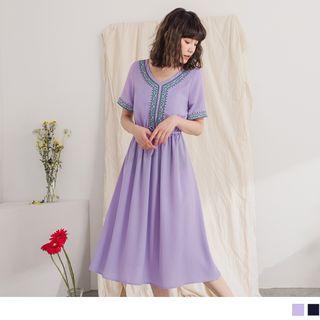 Short Sleeve Embroidered Chiffon Dress