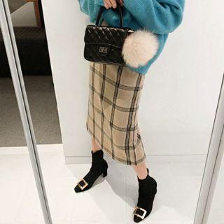 Checked Wool Blend Long Skirt