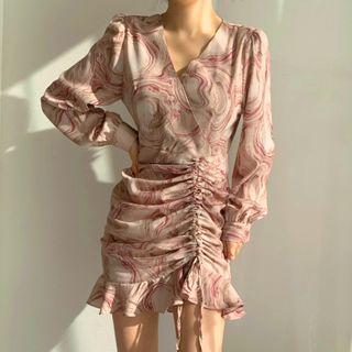 Long-sleeve Printed Drawstring Mini Mermaid Dress