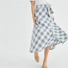 Buttoned Gingham Long Flare Skirt With Sash