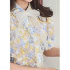 Puff-sleeve Floral Organza Blouse With Ribbon