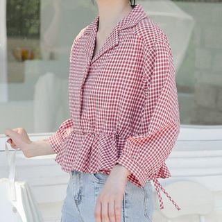 Gingham 3/4-sleeve Drawstring Blouse