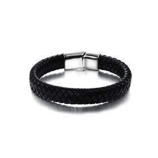 Simple Fashion Wide Version Woven Black Leather Short Bracelet Silver - One Size
