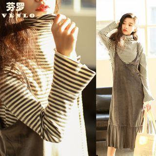 Long-sleeve Turtleneck T-shirt / Spaghetti Strap Faux Suede Dress