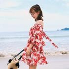 3/4-sleeve Floral Print Mini Beach Dress