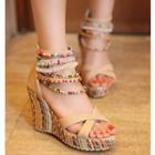 Faux Suede Beaded Strappy Wedge Platform Sandals
