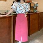 Puff-sleeve Floral Blouse / High Waist Pencil Skirt