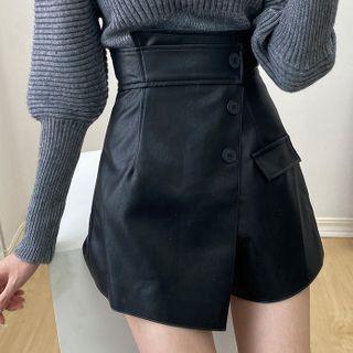 Faux Leather Buttoned Mini Wrap Skort