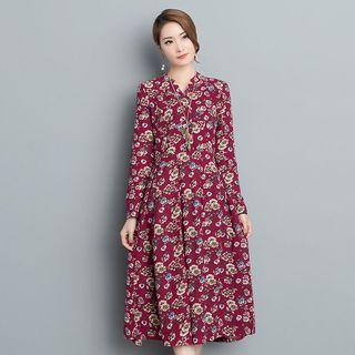 Floral Print Long-sleeve A-line Dress With Necklace