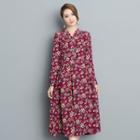 Floral Print Long-sleeve A-line Dress With Necklace