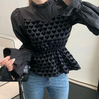 Long-sleeve Heart Print Peplum Blouse Black - One Size