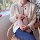 Stand-collar Hoop-detail Furry Knit Jacket Cream - One Size
