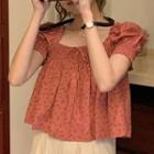 Puff-sleeve Floral Blouse Dark Pink - One Size
