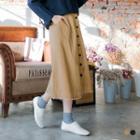 Frayed Button-down Midi Twill Skirt