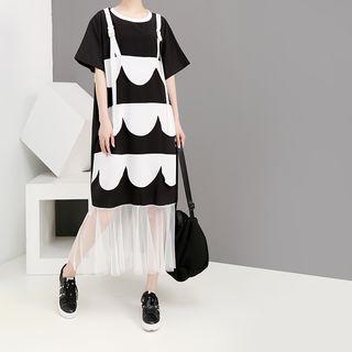 Mock Two-piece Elbow-sleeve Mesh Paneled Midi T-shirt Dress