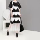 Mock Two-piece Elbow-sleeve Mesh Paneled Midi T-shirt Dress