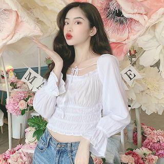 Long-sleeve Tie-neck Tiered Blouse White - One Size