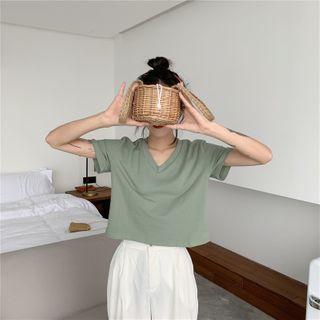 Plain Short-sleeve Cropped Top (crew-neck/ V-neck)