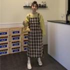 Plain Sweatshirt / Plaid Midi Overall Dress / Set